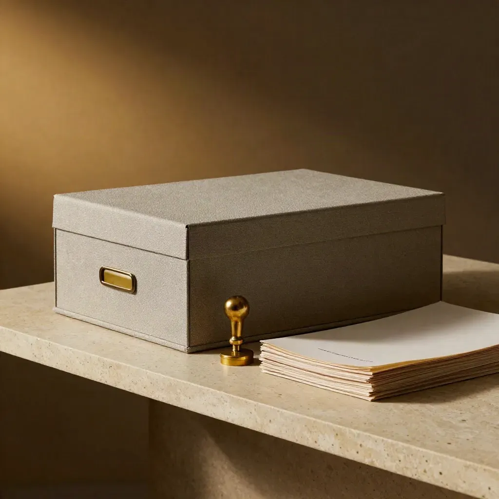 Archival patent filing still life with file box, sleeves, and brass desktop stamp on stone.