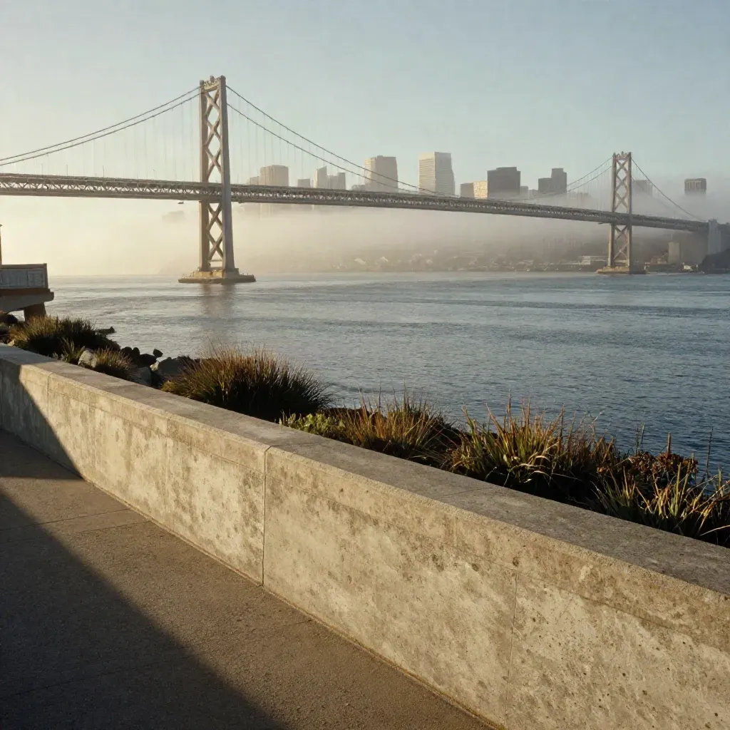 Foggy San Francisco Bay skyline and Bay Bridge above calm water and stone overlook
