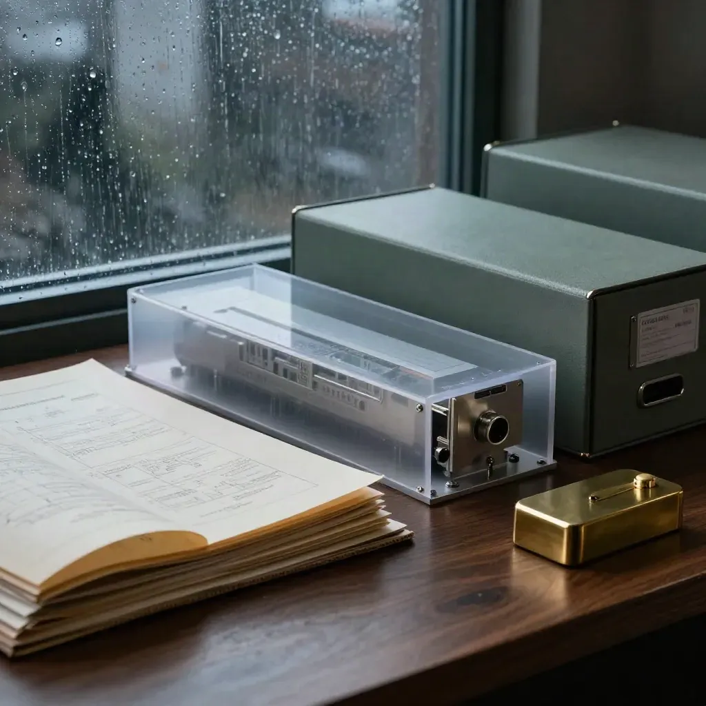 Rain-lit patent filing workstation with prototype parts, vellum sleeves, and archive boxes.