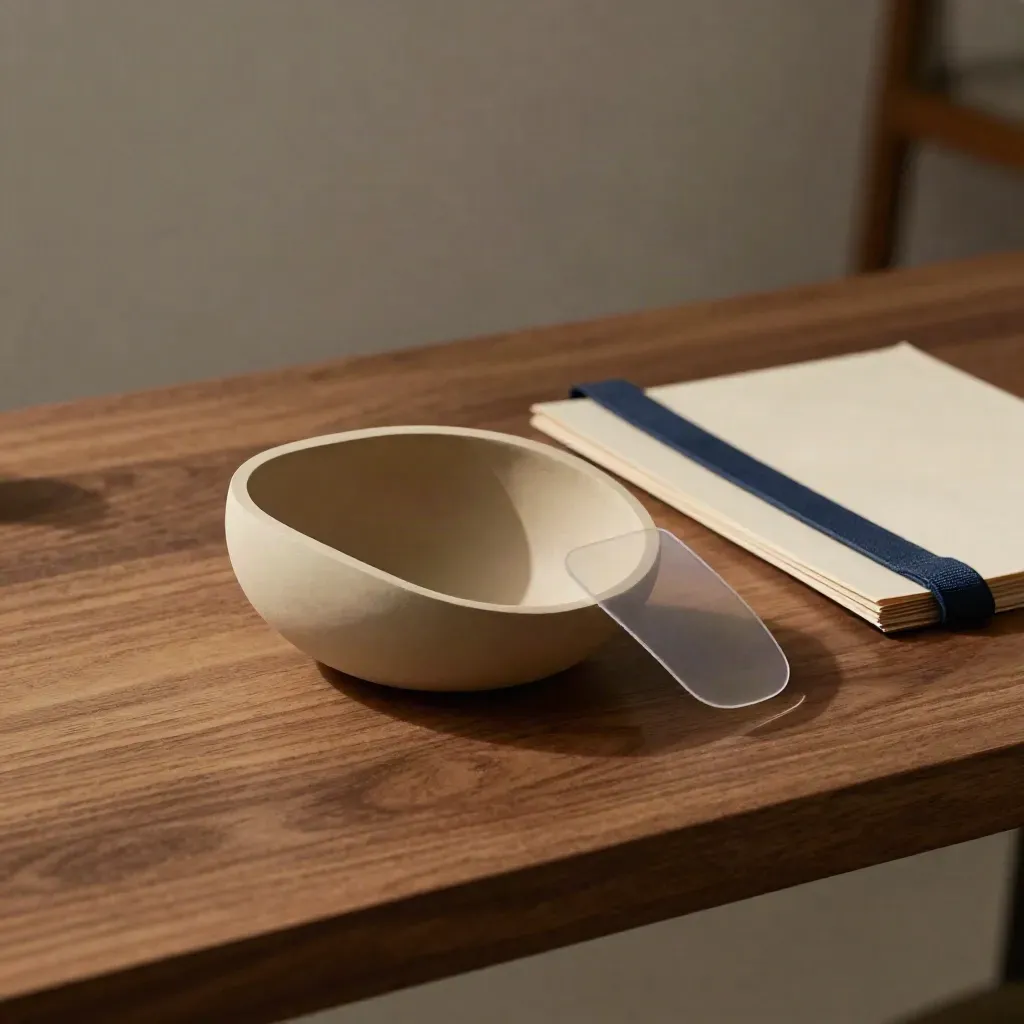 Design filing still life with a clay device shell, translucent sleeve, and archival packet on walnut wood.