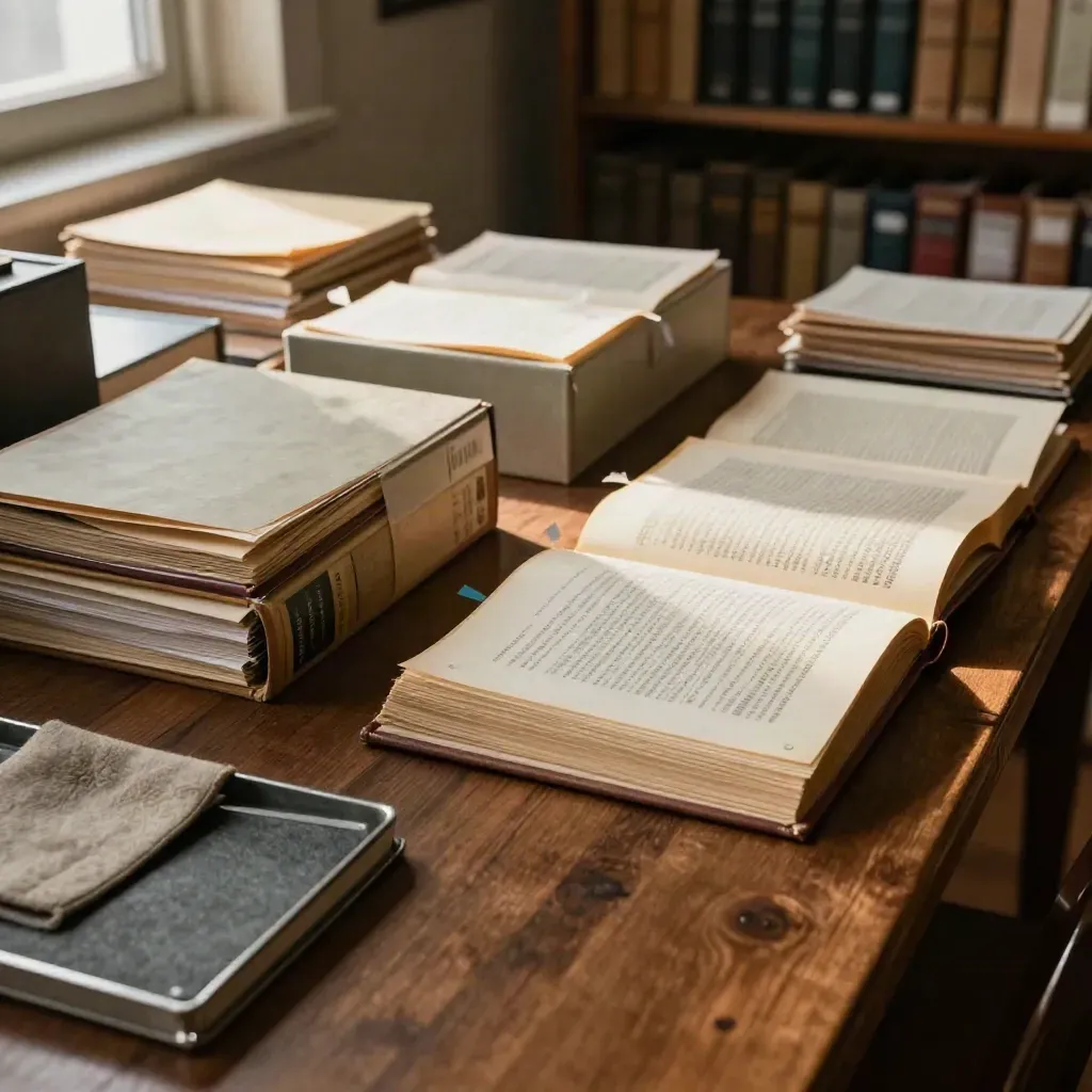 Patent search materials on a long wood table, lit by warm window haze.