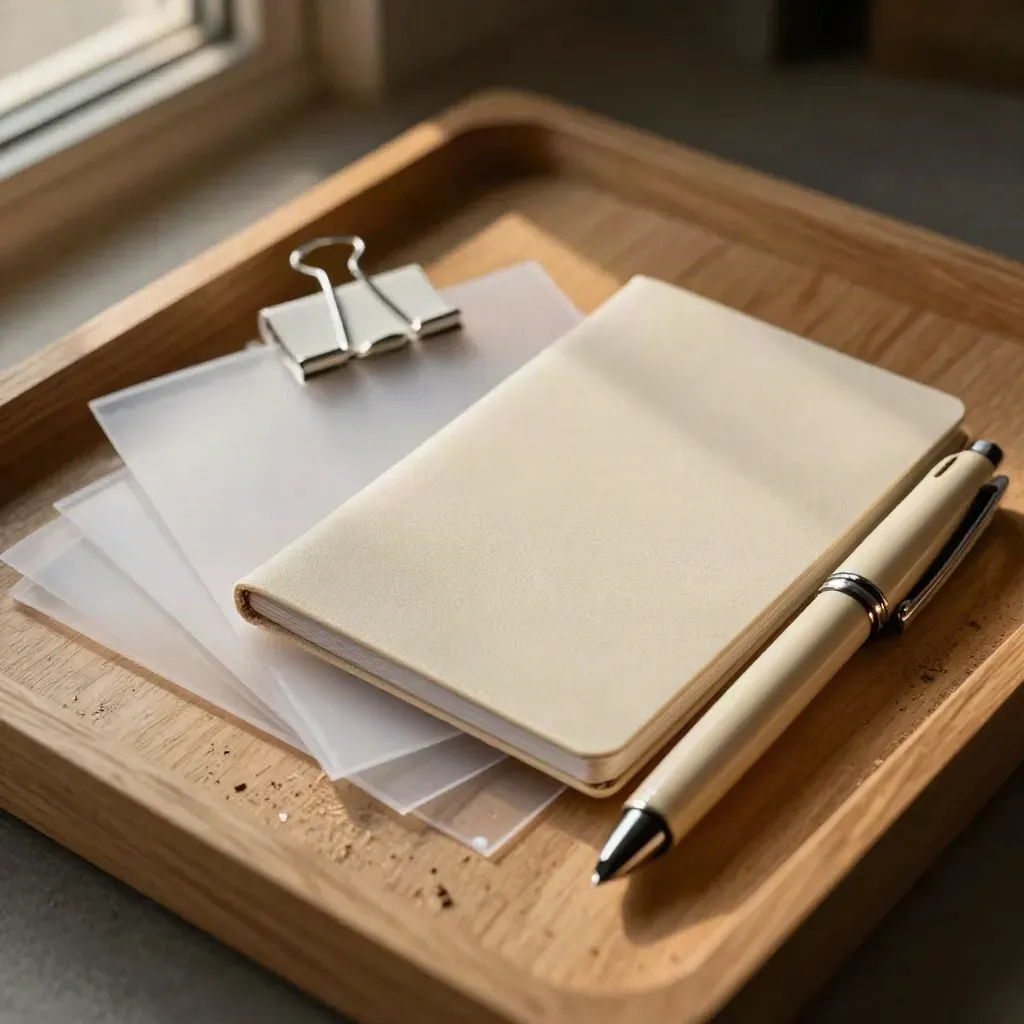 Provisional draft packet, prototype shell, and capped fountain pen on a warm oak tray.