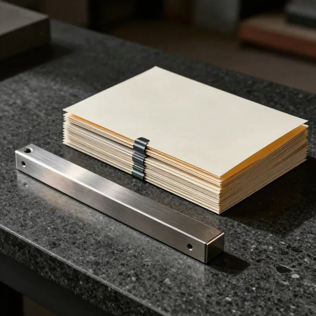 Machined component, tabbed filing dividers, and sealed filing packet on dark stone.