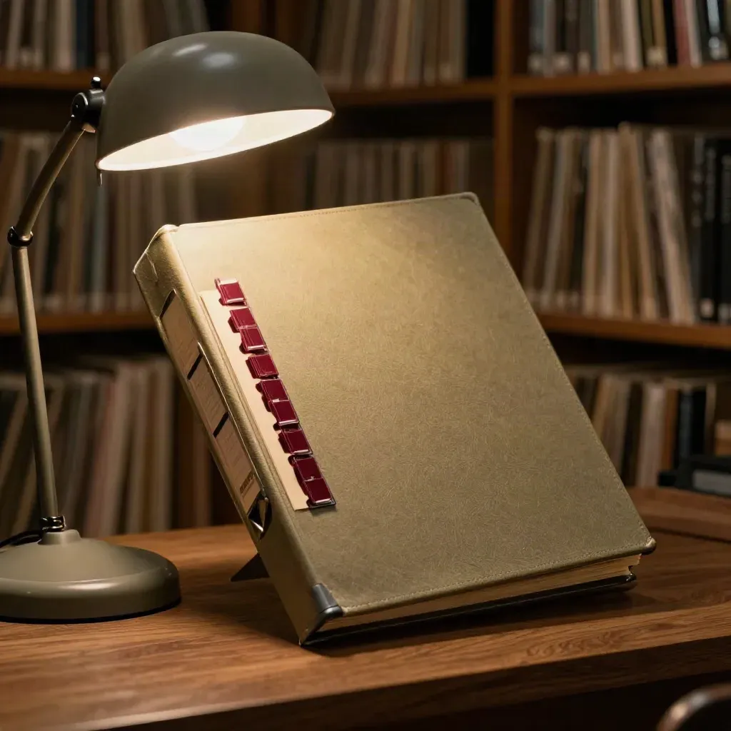 Case binder with tabs, clipped packet, and desk lamp in a dim archive room