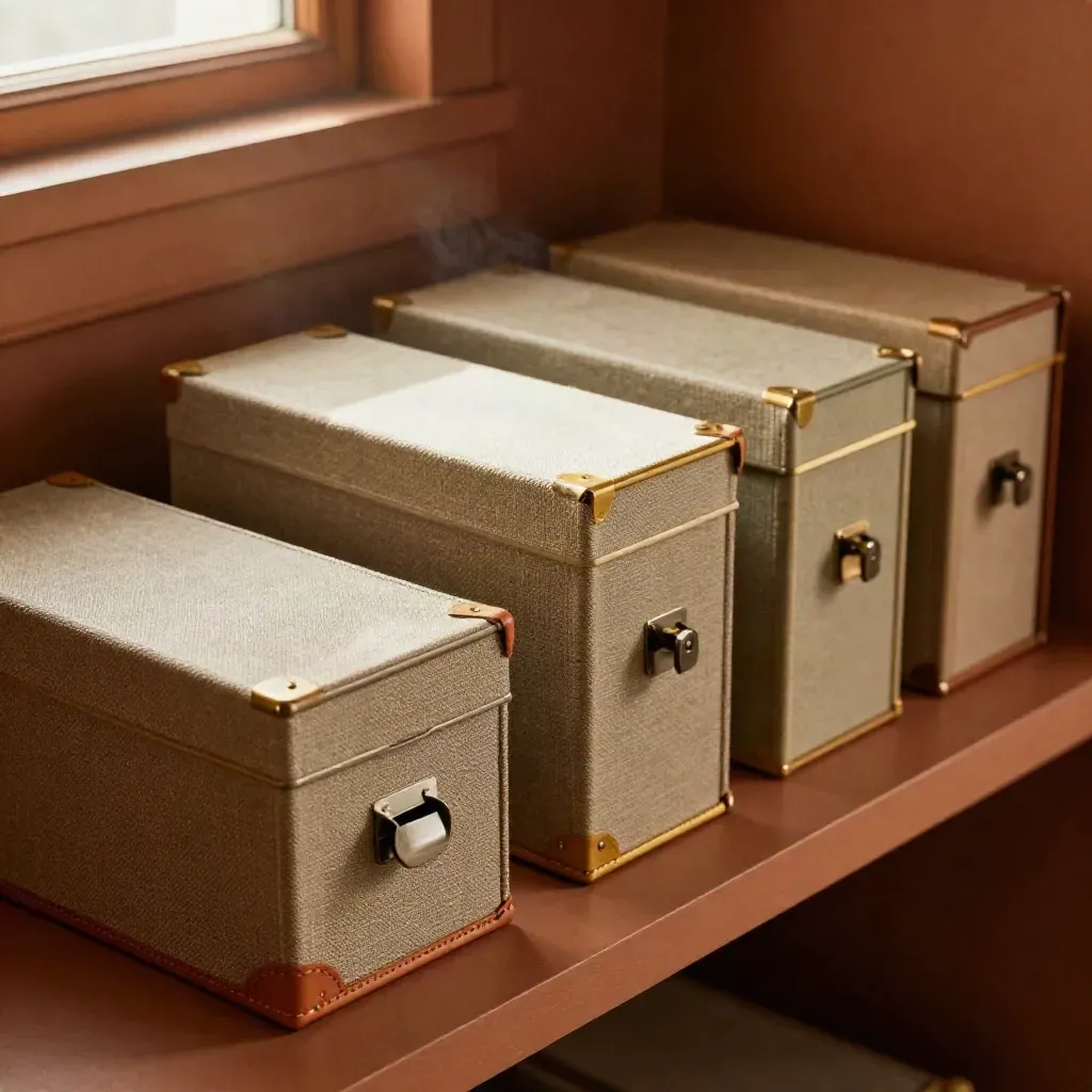 Four archival boxes with tabs and a prototype part in warm afternoon light