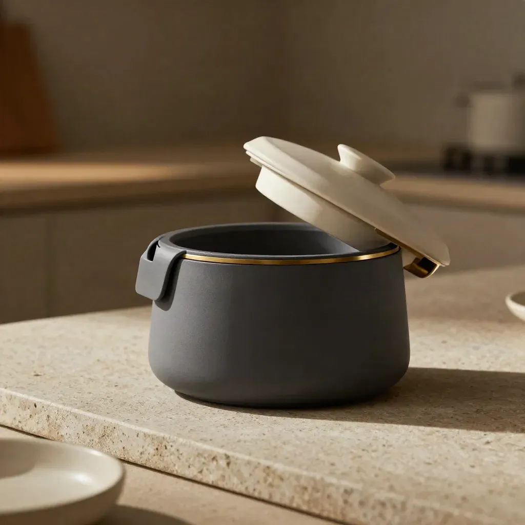 Matte kitchen device prototype with wrapped sleeves and ceramic props on a stone counter.