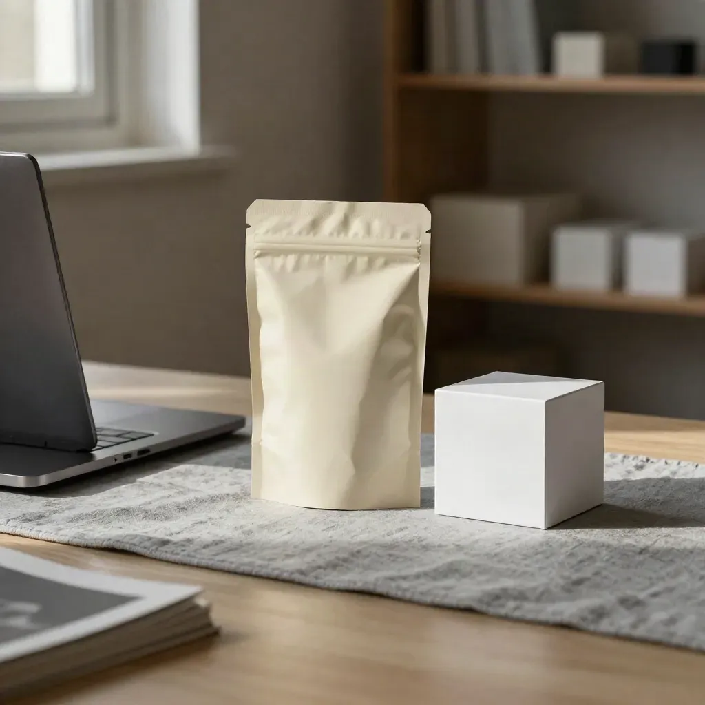 Startup desk corner with closed laptop, sealed draft packet, and white mockup cube in window light
