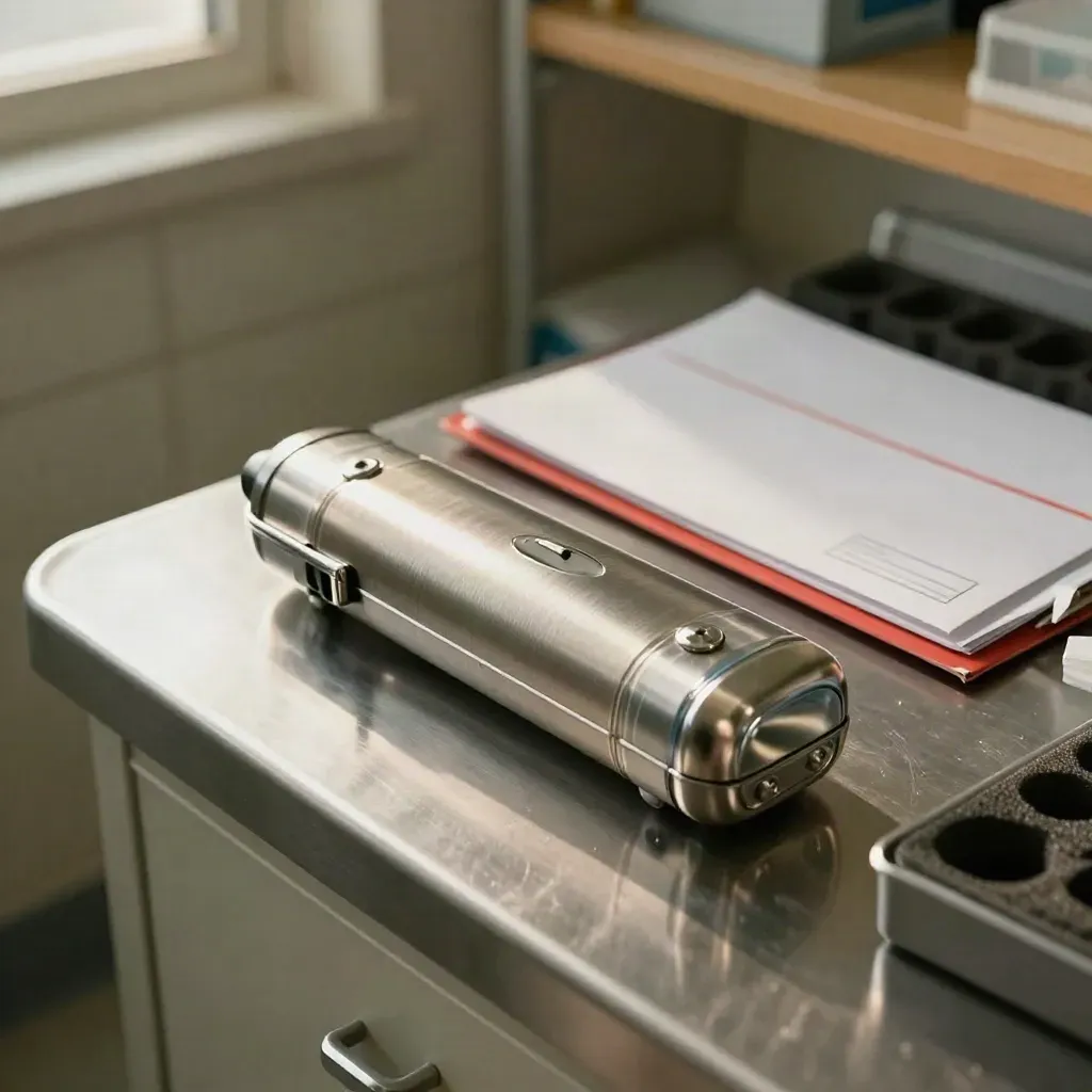 Medtech instrument shell beside red-tabbed binder and sealed reply envelope on steel.