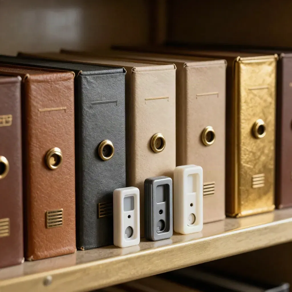 Macro of five patent filing boxes and prototype shells on a walnut archive shelf.