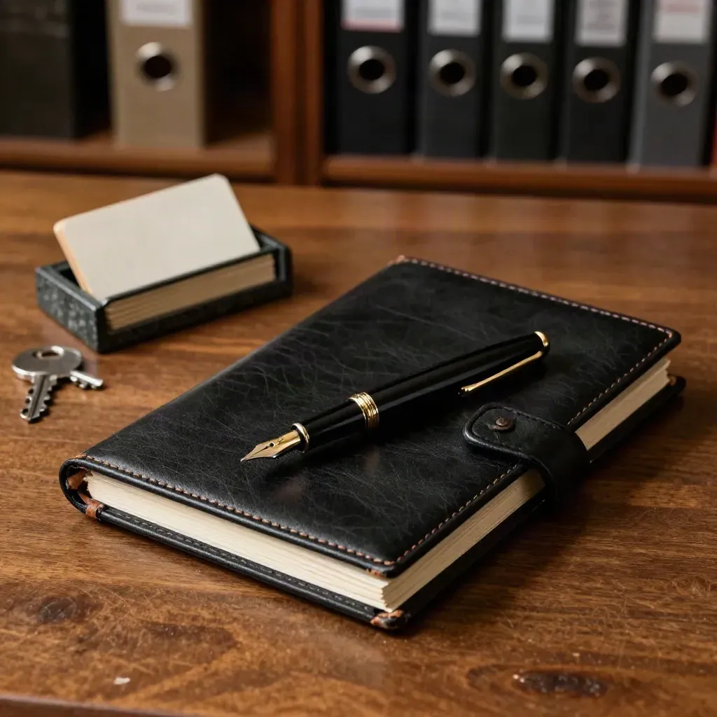 Patent response still life with fountain pen, leather folio, case cards and stone paperweight.