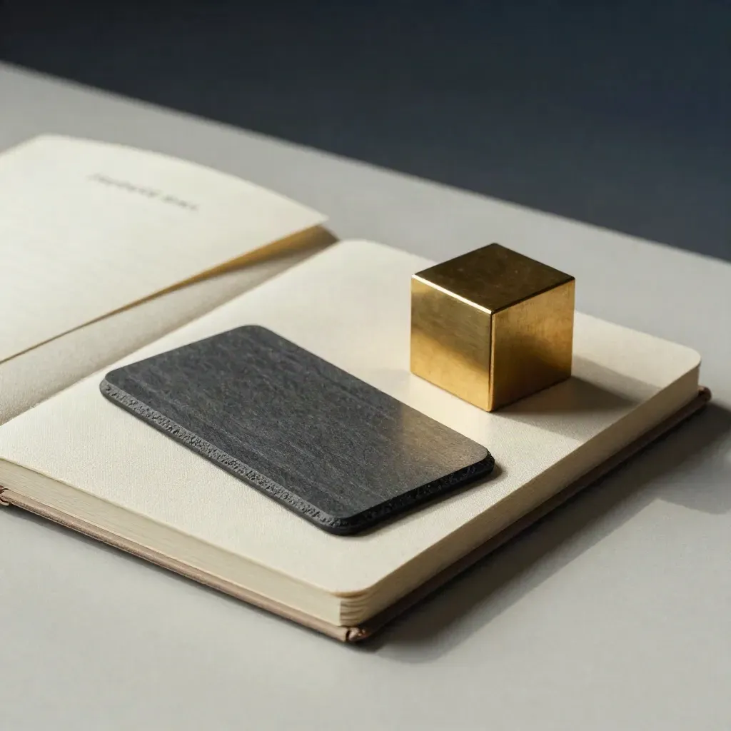 Cream notebook, brass cube, and phone cradle on pale wood in a quiet intro-call desk still life.
