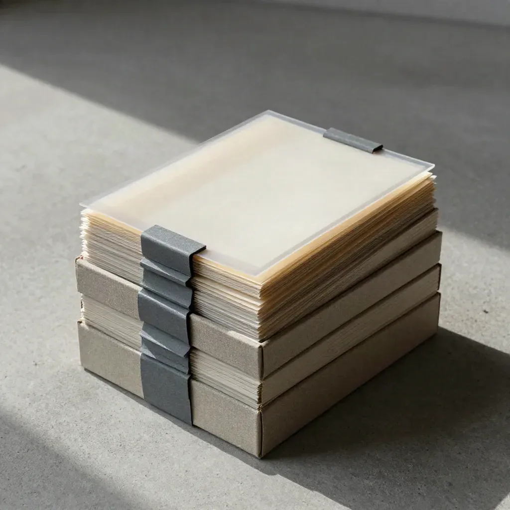 Archival reference boxes, slate tabs, and an evidence bundle on concrete, top-down flatlay