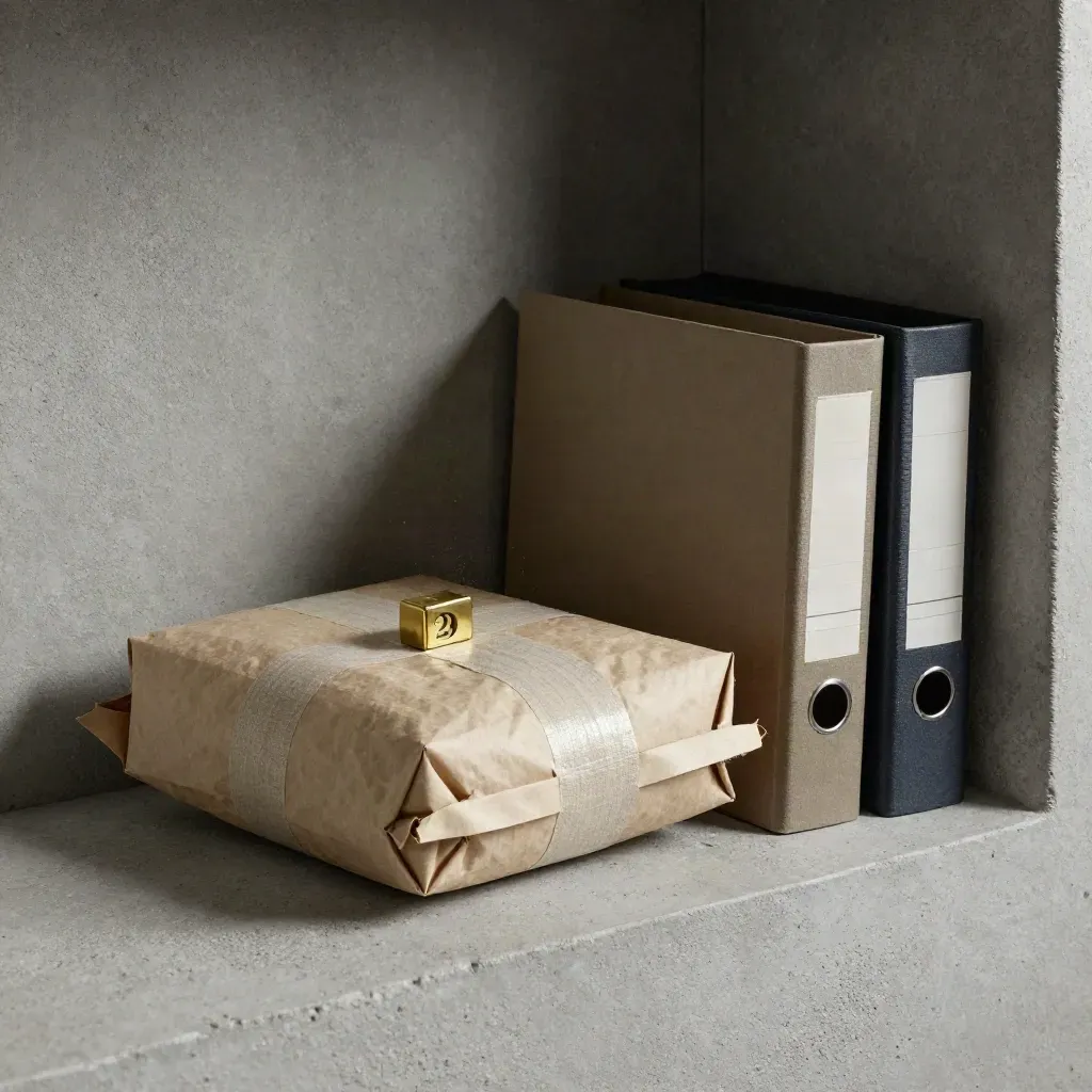 Courier packet, brass date cube, and leaning file boxes on a plaster ledge.