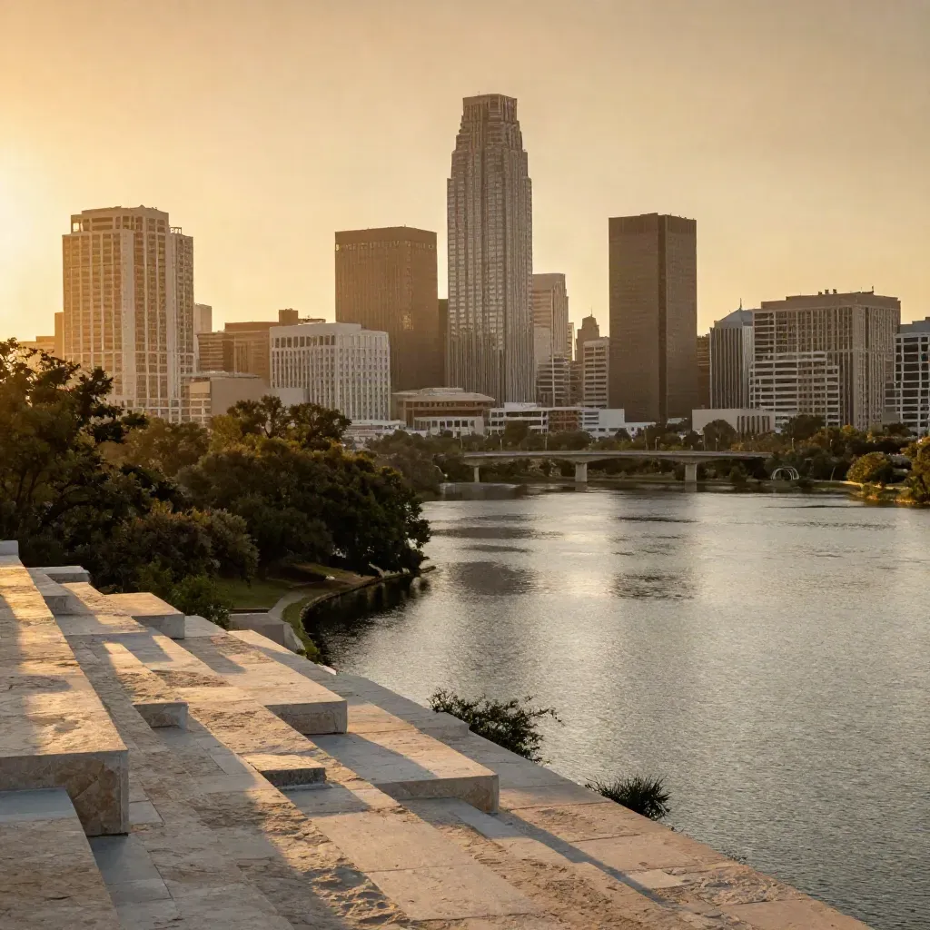 Austin skyline at golden hour above Lady Bird Lake with calm copy space below.