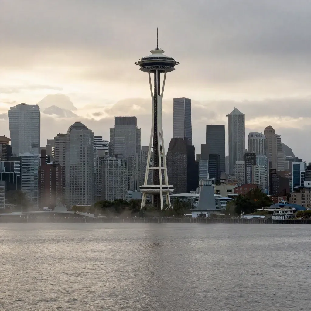 Seattle skyline and Mount Rainier over a misty harbor at dusk