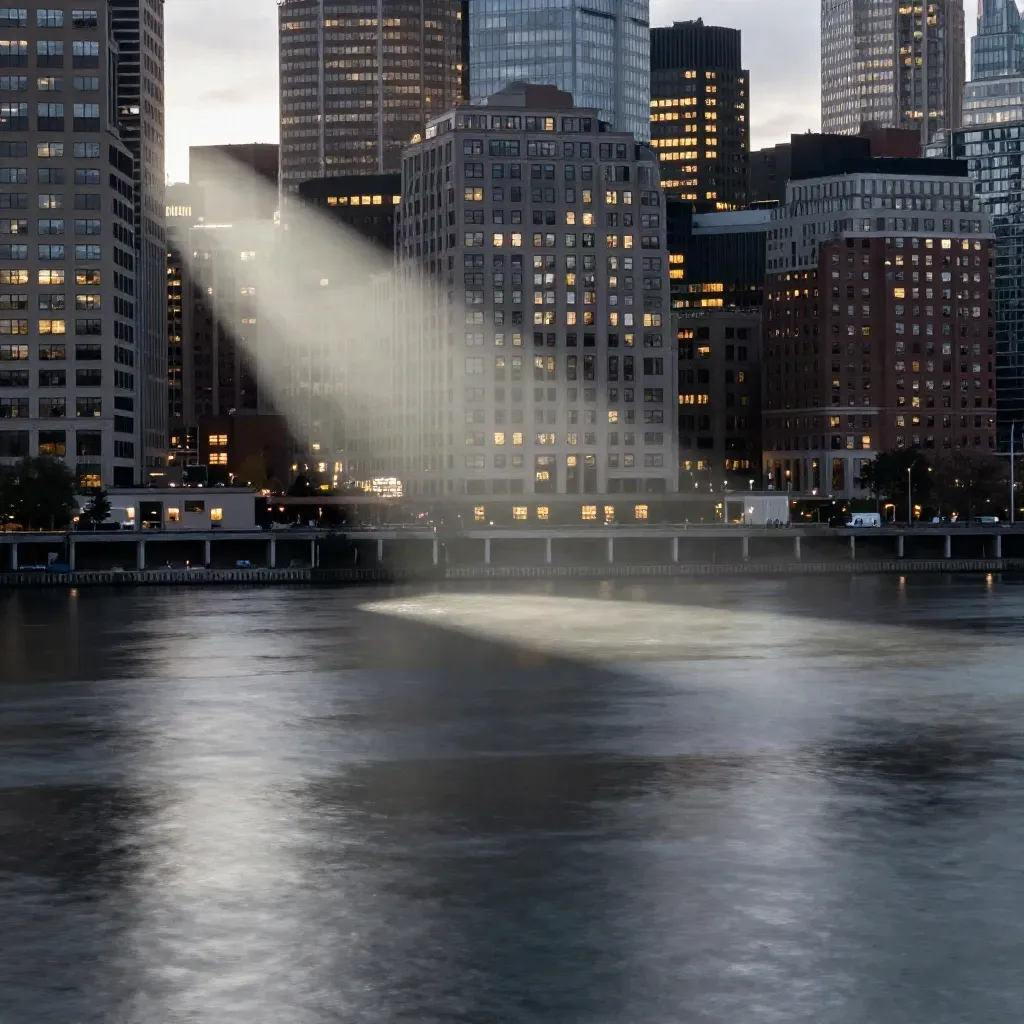 Boston skyline over the Charles River at blue hour with mist and reflections